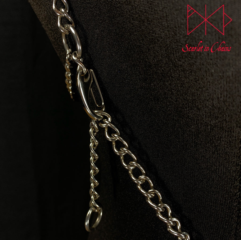 side shot of how the harness is fastened with a stainless clip and how you can clip your harness through the chain to adjust it, goth jewellery alternative jewellery stainless steel jewellery, event jewellery, body chains
