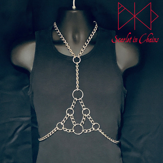 As above so below body harness goth harness alternative harness stainless steel harness chain harness shown worn on male