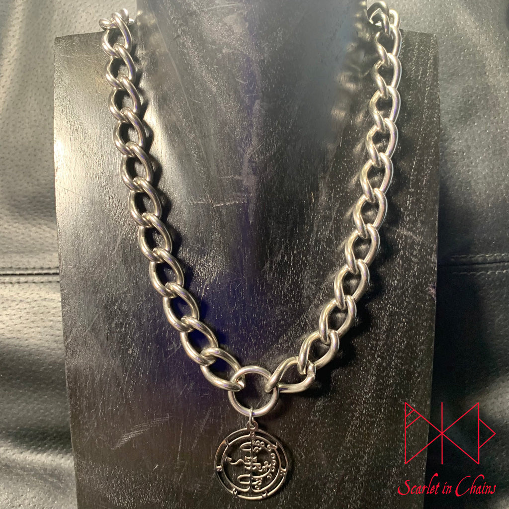 Stainless Steel Asmodeus Sigil charm necklace, day collar, Witch necklace, Occult Necklace, Goetia necklace,, witchy necklace, Shown on display neck