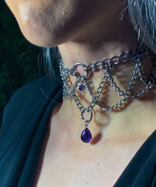 Blood Countess stainless steel day collar - Goth choker - Trad Goth necklace - Amethyst necklace - vampire necklace - Goth collar shown worn Close