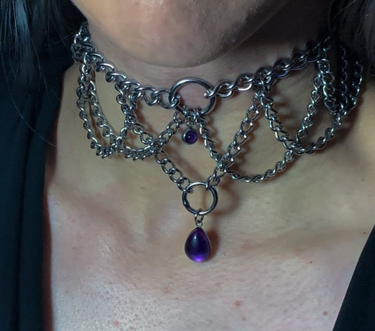 Blood Countess stainless steel day collar - Goth choker - Trad Goth necklace - Amethyst necklace - vampire necklace - Goth collar shown Close