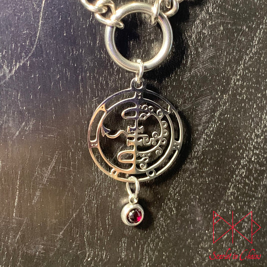 Stainless Steel Crystal Asmodeus Sigil collar - Garnet choker - O ring collar - subtle collar Shown Close up, goth choker alternative collar stainless steel jewellery, goth jewellery, event jewellery. Goth Necklace, Stainless Steel Necklace, Event Necklace