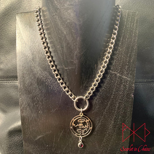 Stainless Steel Crystal Asmodeus Sigil collar - Garnet choker - O ring collar - subtle collar Shown on display neck, goth choker alternative collar stainless steel jewellery, goth jewellery, event jewellery. Goth Necklace, Stainless Steel Necklace, Event Necklace