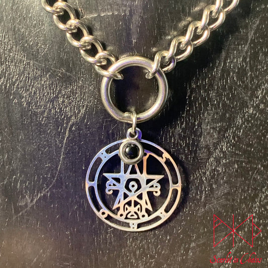 Stainless Steel Crystal Astaroth Sigil collar - Garnet choker - O ring collar - subtle collar Shown Close up, goth choker alternative collar stainless steel jewellery, goth jewellery, event jewellery. Goth Necklace, Stainless Steel Necklace, Event Necklace
