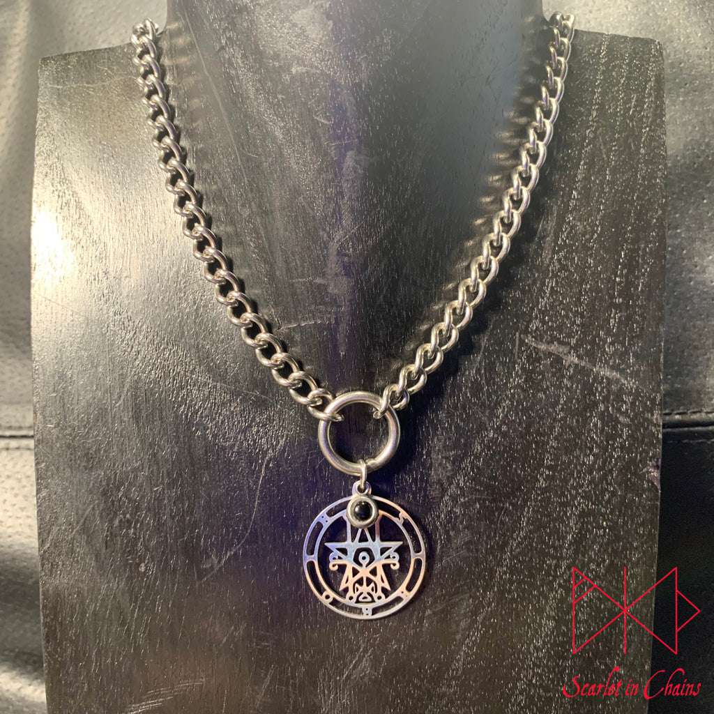 Stainless Steel Crystal Astaroth Sigil collar - Garnet choker - O ring collar - subtle collar Shown on display neck, goth choker alternative collar stainless steel jewellery, goth jewellery, event jewellery. Goth Necklace, Stainless Steel Necklace, Event Necklace