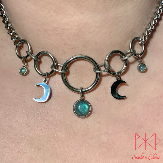 Crystal Goddess Era Necklace Shown Close goth choker, alternative collar, stainless steel jewellery, goth jewellery, event jewellery. Goth Necklace, Stainless Steel Necklace, Event Necklace, witch jewellery, witch necklace, witchy necklace, witchy jewellery