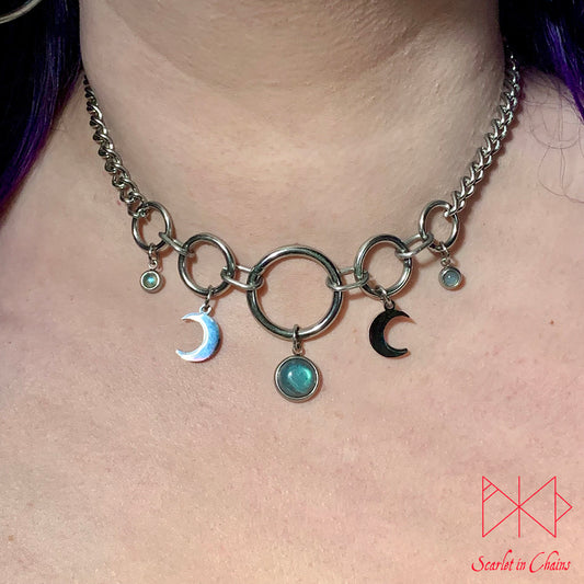Crystal Goddess Era Necklace Shown Worn goth choker, alternative collar, stainless steel jewellery, goth jewellery, event jewellery. Goth Necklace, Stainless Steel Necklace, Event Necklace, witch jewellery, witch necklace, witchy necklace, witchy jewellery