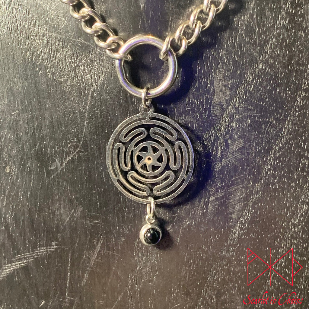 Stainless Steel Crystal Hekate Sigil collar - Garnet choker - O ring collar - subtle collar Shown Close up, goth choker alternative collar stainless steel jewellery, goth jewellery, event jewellery. Goth Necklace, Stainless Steel Necklace, Event Necklace