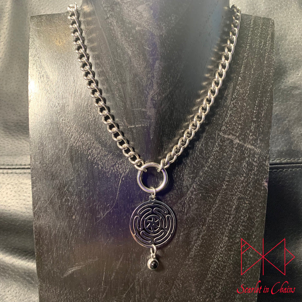 Stainless Steel Crystal Hekate Sigil collar - Garnet choker - O ring collar - subtle collar Shown on display neck, goth choker alternative collar stainless steel jewellery, goth jewellery, event jewellery. Goth Necklace, Stainless Steel Necklace, Event Necklace