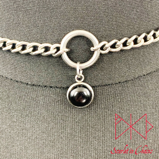 Stainless Steel Crystal Kitten day collar - Pet play collar - O ring choker - BDSM day collar - Subtle day collar - Goldstone necklace -Goth Shown Close up, goth choker alternative collar stainless steel jewellery, goth jewellery, event jewellery, day collar