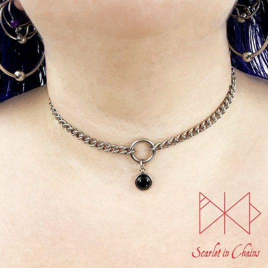 Stainless Steel Crystal Kitten day collar - Pet play collar - O ring choker - BDSM day collar - Subtle day collar - Goldstone necklace -Goth Shown Worn, goth choker alternative collar stainless steel jewellery, goth jewellery, event jewellery, day collar