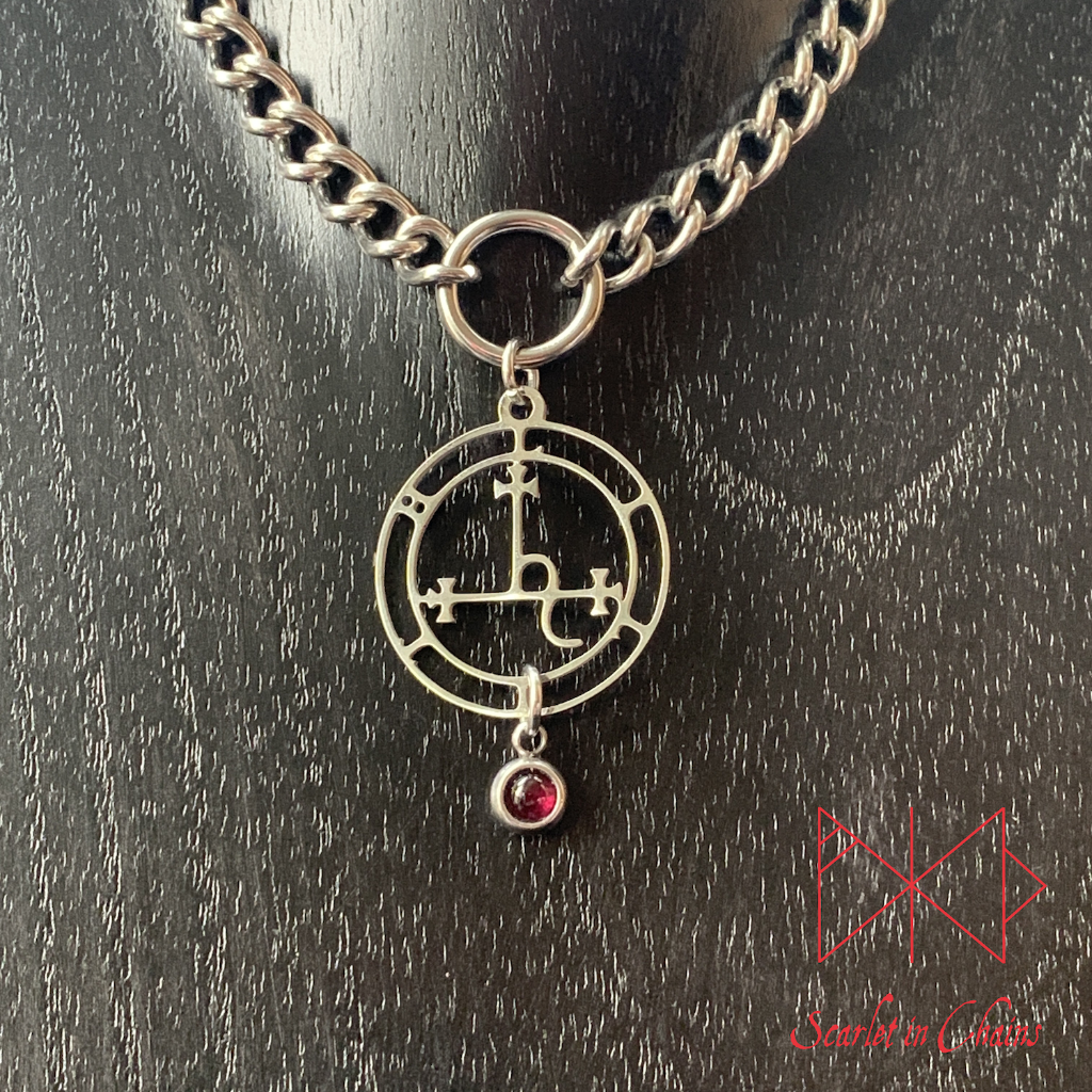 Stainless Steel Crystal Lilith Sigil collar - Garnet choker - O ring collar - subtle collar Shown Close up, goth choker alternative collar stainless steel jewellery, goth jewellery, event jewellery. Goth Necklace, Stainless Steel Necklace, Event Necklace