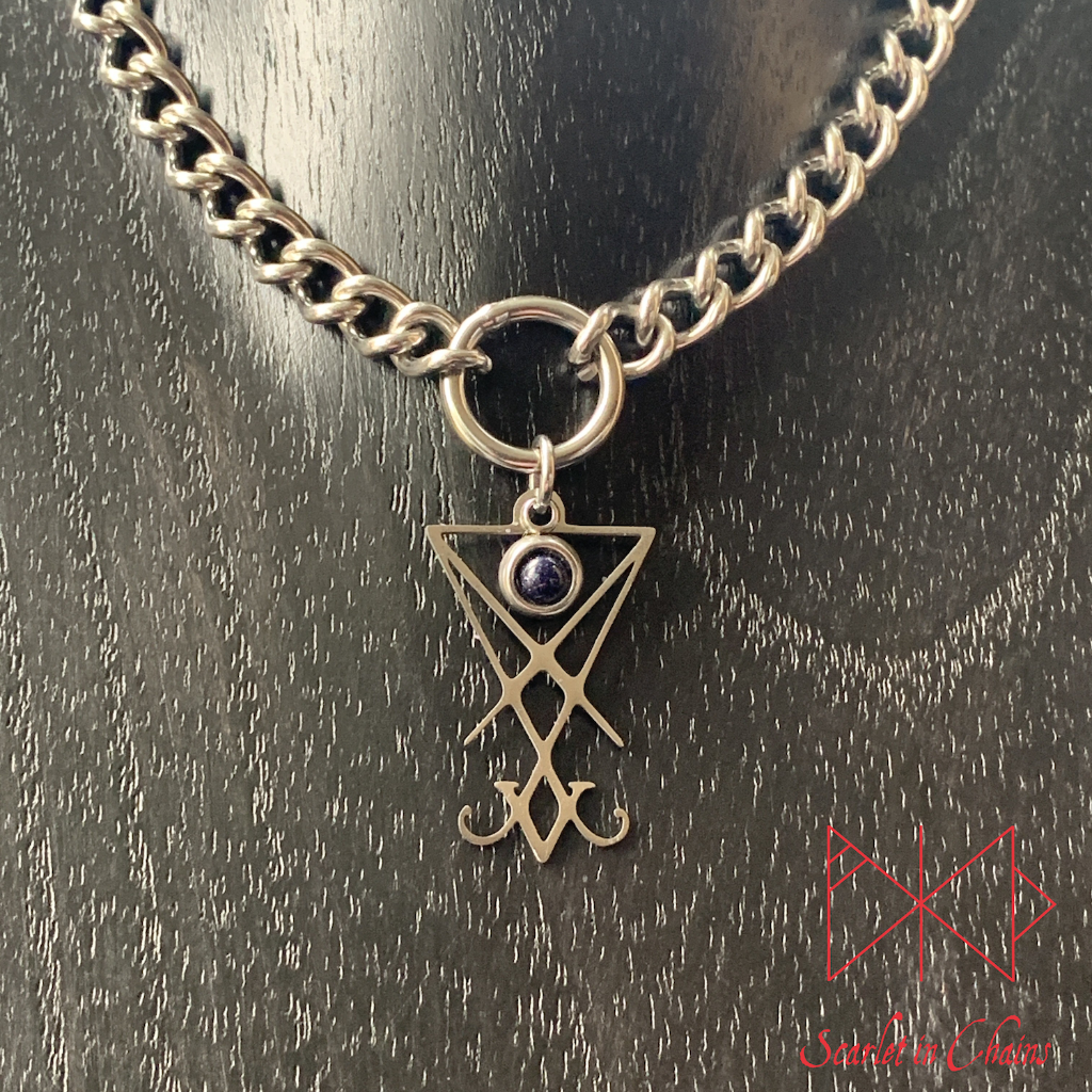 Stainless Steel Crystal Lucifer collar - Blue Goldstone choker - O ring collar - subtle collar Shown Close up, goth choker alternative collar stainless steel jewellery, goth jewellery, event jewellery. Goth Necklace, Stainless Steel Necklace, Event Necklace