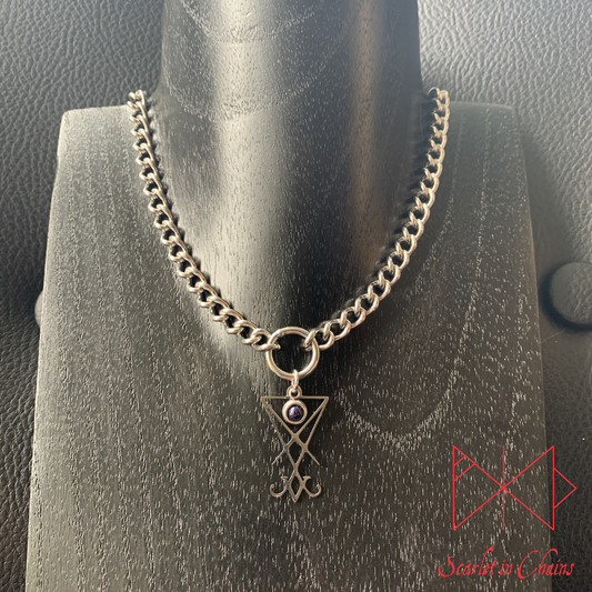 Stainless Steel Crystal Lucifer collar - Blue Goldstone choker - O ring collar - subtle collar Shown Full, goth choker alternative collar stainless steel jewellery, goth jewellery, event jewellery. Goth Necklace, Stainless Steel Necklace, Event Necklace