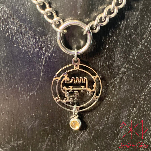 Stainless Steel Crystal Mammon Sigil collar - Garnet choker - O ring collar - subtle collar Shown Close up, goth choker alternative collar stainless steel jewellery, goth jewellery, event jewellery. Goth Necklace, Stainless Steel Necklace, Event Necklace
