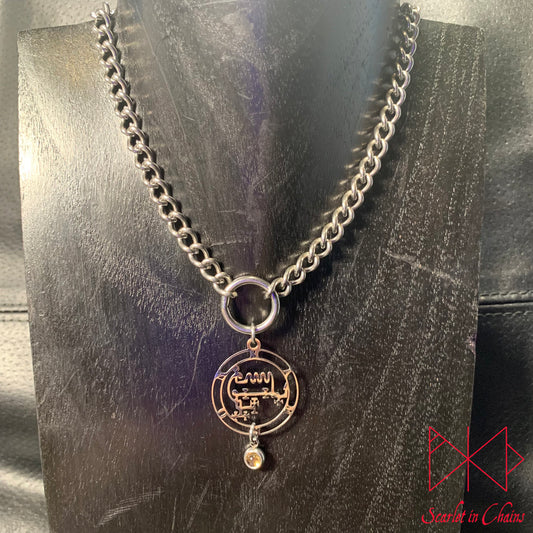 Stainless Steel Crystal Mammon Sigil collar - Garnet choker - O ring collar - subtle collar Shown on display neck, goth choker alternative collar stainless steel jewellery, goth jewellery, event jewellery. Goth Necklace, Stainless Steel Necklace, Event Necklace