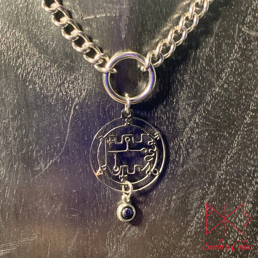 Stainless Steel Crystal Stolas Sigil collar - Garnet choker - O ring collar - subtle collar Shown Close up, goth choker, alternative collar, stainless steel jewellery, goth jewellery, event jewellery. Goth Necklace, Stainless Steel Necklace, Event Necklace, witch jewellery, witch necklace, witchy necklace, witchy jewellery, occult jewellery