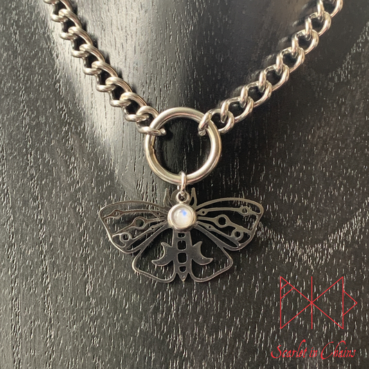 Stainless Steel Micro Crystal Moth collar - Rainbow Moonstone choker - O ring collar - subtle collar Shown Close up