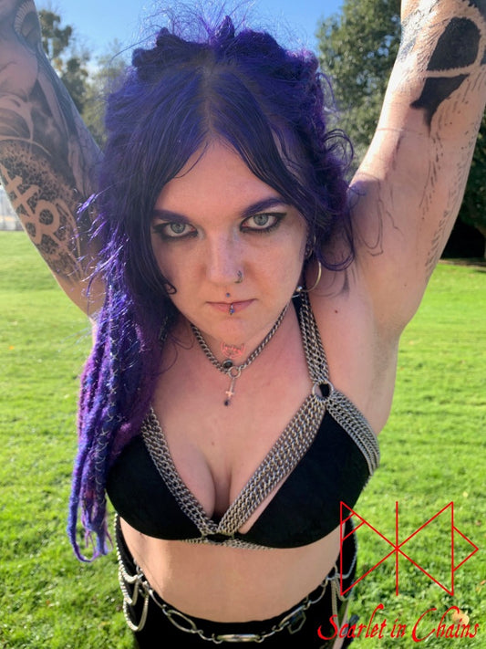 Demoness Harness - Statement Harness - Chain Harness - Chain Bra - Stainless Steel Harness - Shown Worn Front, goth jewellery, alternative jewellery, stainless steel jewellery, event jewellery, body chains