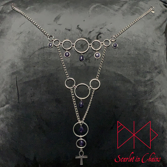 Stainless Steel Eternal Midnight Necklace - Statement Necklace - Blue Goldstone - O ring collar showing flat, goth choker, alternative collar, stainless steel jewellery, goth jewellery, event jewellery. Goth Necklace, Stainless Steel Necklace, Event Necklace