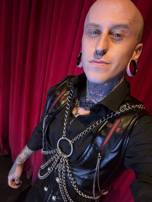 Hades Body Harness Stainless steel harness goth harness chain harness male shown worn, goth jewellery, alternative jewellery, stainless steel jewellery, event jewellery, body chains