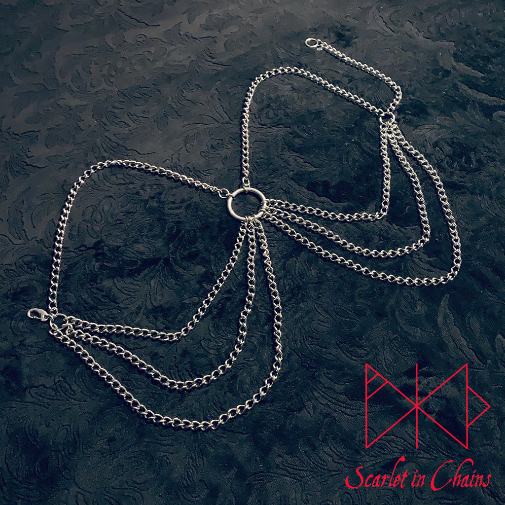 Hades Body Harness Stainless steel harness goth harness chain harness unisex shown flat, goth jewellery, alternative jewellery, stainless steel jewellery, event jewellery, body chains