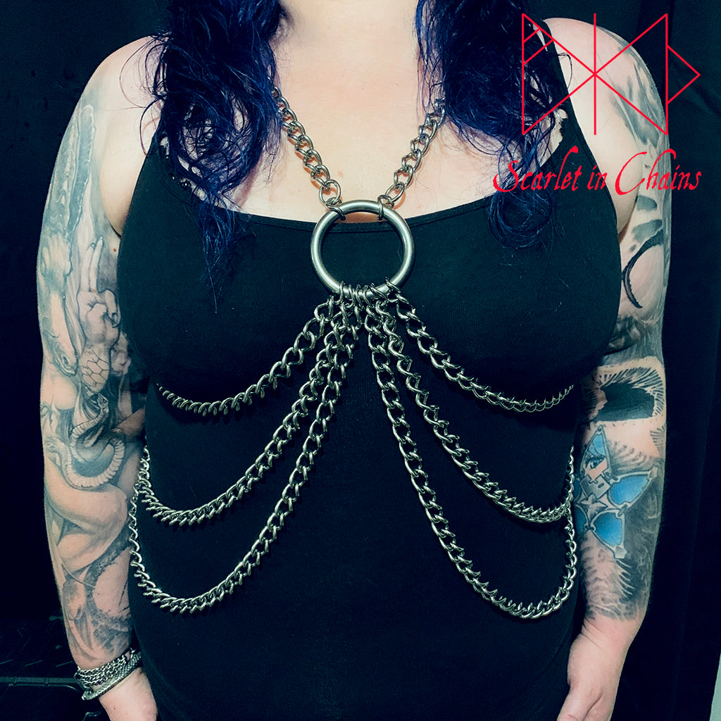 Hades Body Harness Stainless steel harness goth harness chain harness female shown worn, goth jewellery, alternative jewellery, stainless steel jewellery, event jewellery, body chains