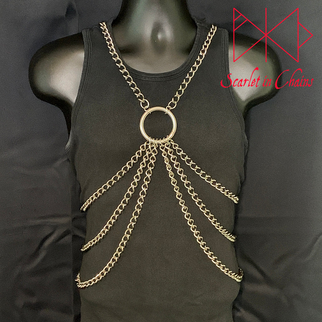 Hades Body Harness Stainless steel harness goth harness chain harness male mannequin shown worn, goth jewellery, alternative jewellery, stainless steel jewellery, event jewellery, body chains