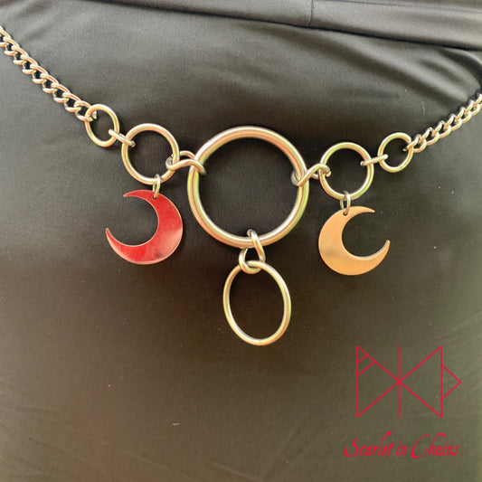 Hekate belt Moon Goddess Triple Moon 2mm 304 grade stainless steel belt shown close, Goth Jewellery, Alternative Jewellery, Witch Jewellery, Occult Jewellery, Goth Belt, Alternative Belt, Witch Belt, Stainless Steel Jewellery, Stainless Steel Belt
