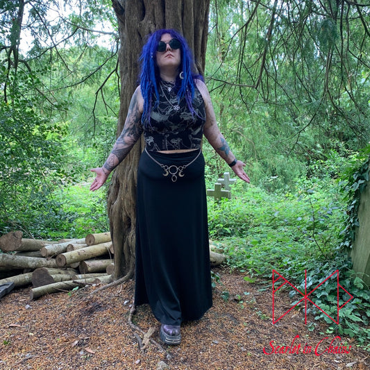 Hekate belt Moon Goddess Triple Moon 2mm 304 grade stainless steel belt shown worn front, Goth Jewellery, Alternative Jewellery, Witch Jewellery, Occult Jewellery, Goth Belt, Alternative Belt, Witch Belt, Stainless Steel Jewellery, Stainless Steel Belt