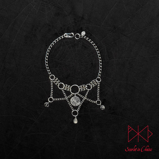 Hekate, Goth choker, Trad Goth necklace, Tourmalated Quartz necklace, Goth collar shown flat, alternative collar, stainless steel jewellery, goth jewellery, event jewellery. Goth Necklace, Stainless Steel Necklace, Event Necklace, witch jewellery, witch necklace, witchy necklace, witchy jewellery, occult jewellery, ritual jewellery, Hekate Wheel