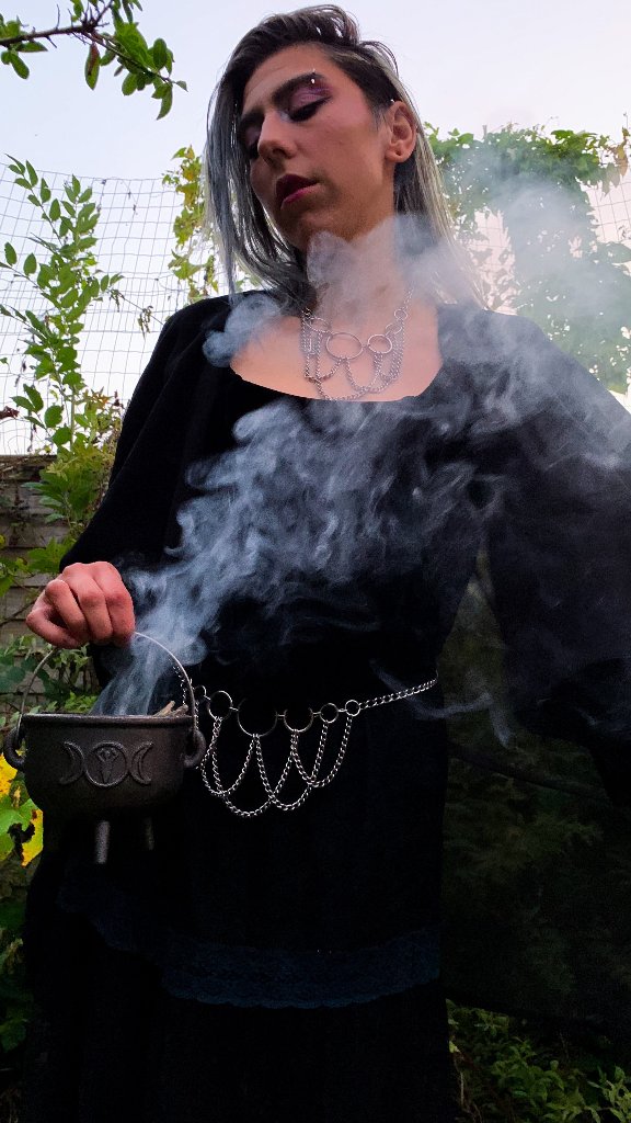 High Priestess Necklace worn with smoke Stainless steel chain choker Goth Necklace, Witch Necklace, Witchy Necklace, goth choker, alternative collar, stainless steel jewellery, goth jewellery, event jewellery. Goth Necklace, Stainless Steel Necklace, Event Necklace, witch jewellery, witch necklace, witchy necklace, witchy jewellery