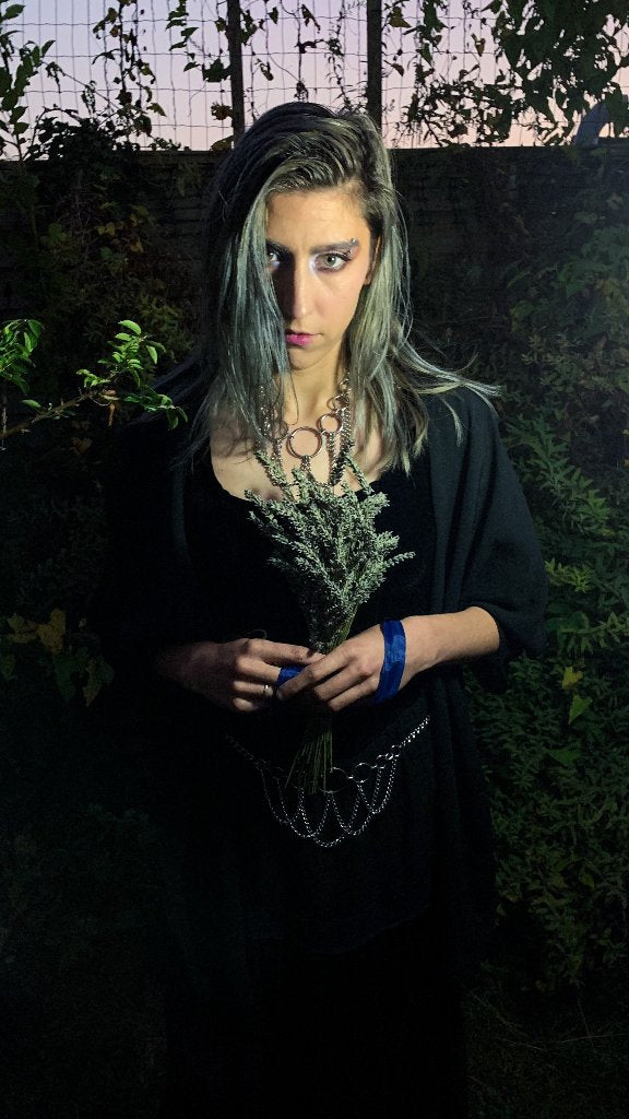 High Priestess Necklace worn with belt Stainless steel chain choker Goth Necklace, Witch Necklace, Witchy Necklace, goth choker, alternative collar, stainless steel jewellery, goth jewellery, event jewellery. Goth Necklace, Stainless Steel Necklace, Event Necklace, witch jewellery, witch necklace, witchy necklace, witchy jewellery
