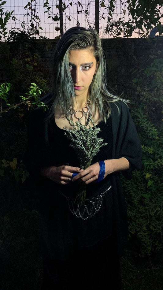 High Priestess Necklace worn with belt Stainless steel chain choker Goth Necklace, Witch Necklace, Witchy Necklace, goth choker, alternative collar, stainless steel jewellery, goth jewellery, event jewellery. Goth Necklace, Stainless Steel Necklace, Event Necklace, witch jewellery, witch necklace, witchy necklace, witchy jewellery