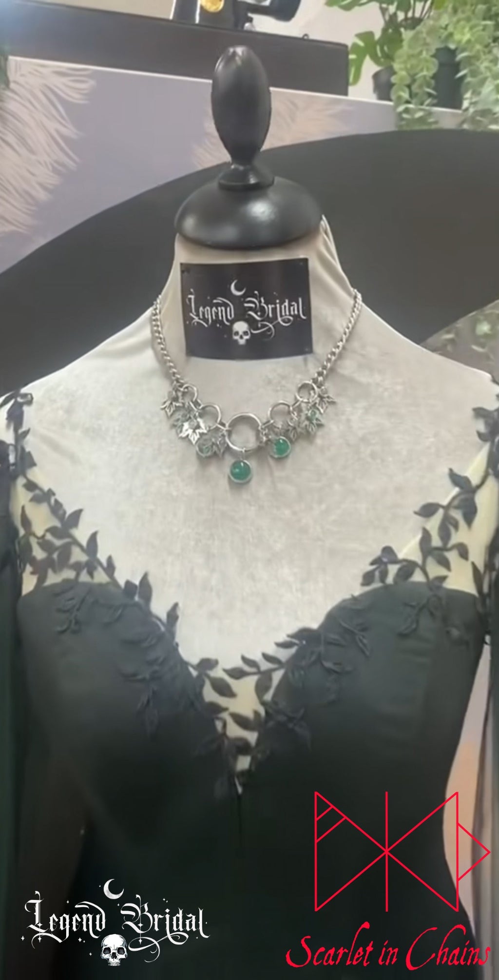 Stainless Steel Ivy Fantasy Necklace - Statement Necklace - Green Onyx and Labradorite - O ring collar showing on Eros Legend Bridal Dress, goth choker, alternative collar, stainless steel jewellery, goth jewellery, event jewellery. Goth Necklace, Stainless Steel Necklace, Event Necklace, witch jewellery, witch necklace, witchy necklace, witchy jewellery