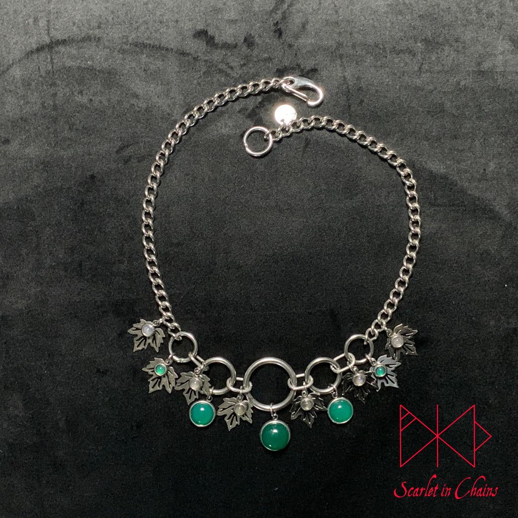 Stainless Steel Ivy Fantasy Necklace - Statement Necklace - Green Onyx and Labradorite - O ring collar showing flat, goth choker, alternative collar, stainless steel jewellery, goth jewellery, event jewellery. Goth Necklace, Stainless Steel Necklace, Event Necklace, witch jewellery, witch necklace, witchy necklace, witchy jewellery