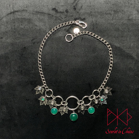 Stainless Steel Ivy Fantasy Necklace - Statement Necklace - Green Onyx and Labradorite - O ring collar showing flat, goth choker, alternative collar, stainless steel jewellery, goth jewellery, event jewellery. Goth Necklace, Stainless Steel Necklace, Event Necklace, witch jewellery, witch necklace, witchy necklace, witchy jewellery