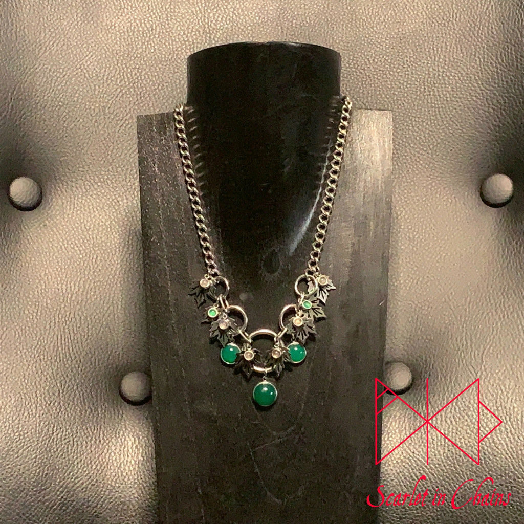 Stainless Steel Ivy Fantasy Necklace - Statement Necklace - Green Onyx and Labradorite - O ring collar showing on stand, goth choker, alternative collar, stainless steel jewellery, goth jewellery, event jewellery. Goth Necklace, Stainless Steel Necklace, Event Necklace, witch jewellery, witch necklace, witchy necklace, witchy jewellery