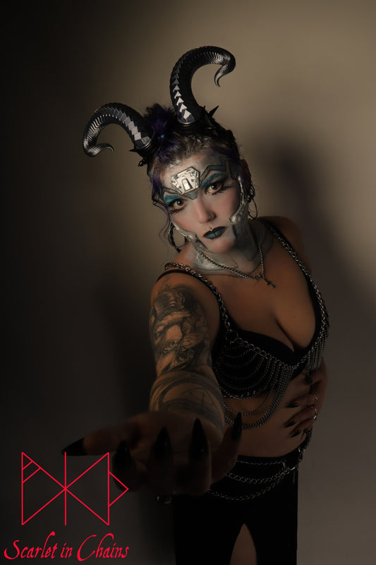 Kali Harness - Statement Harness - Chain Harness - Chain Bra - Stainless Steel Harness - Shown Warn in photoshoot, goth jewellery, alternative jewellery, stainless steel jewellery, event jewellery, body chains
