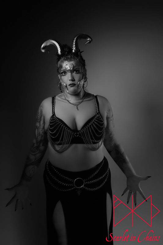 Kali Harness - Statement Harness - Chain Harness - Chain Bra - Stainless Steel Harness - Shown Warn in photoshoot, goth jewellery, alternative jewellery, stainless steel jewellery, event jewellery, body chains