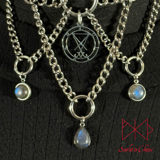 Lucifer, Goth choker, Trad Goth necklace, Labradorite necklace, Goth collar shown worn Close, alternative collar, stainless steel jewellery, goth jewellery, event jewellery. Goth Necklace, Stainless Steel Necklace, Event Necklace, witch jewellery, witch necklace, witchy necklace, witchy jewellery, occult jewellery, ritual jewellery