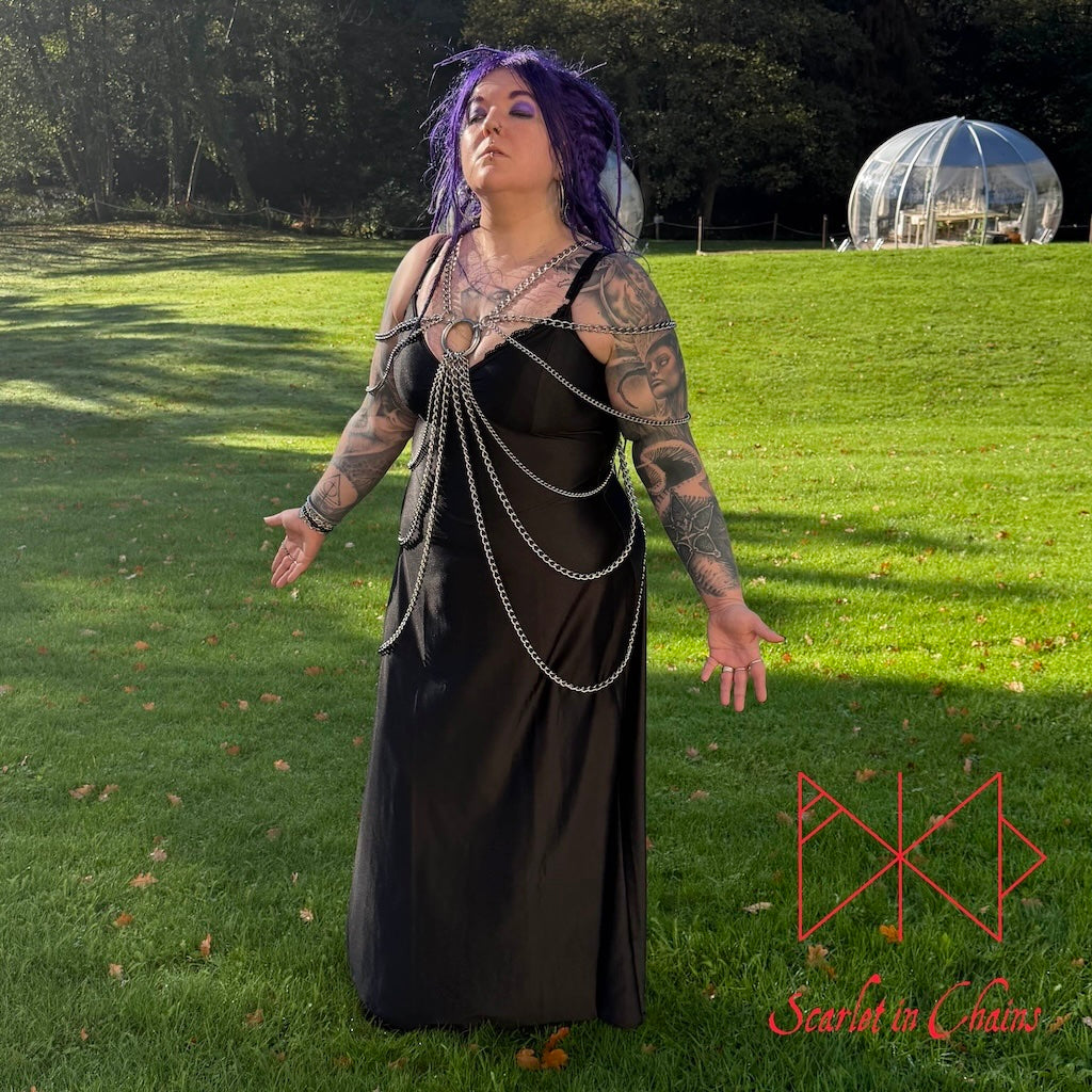 Medusa Body Harness Stainless steel harness goth harness chain harness female shown worn, goth jewellery, alternative jewellery, stainless steel jewellery, event jewellery, body chains
