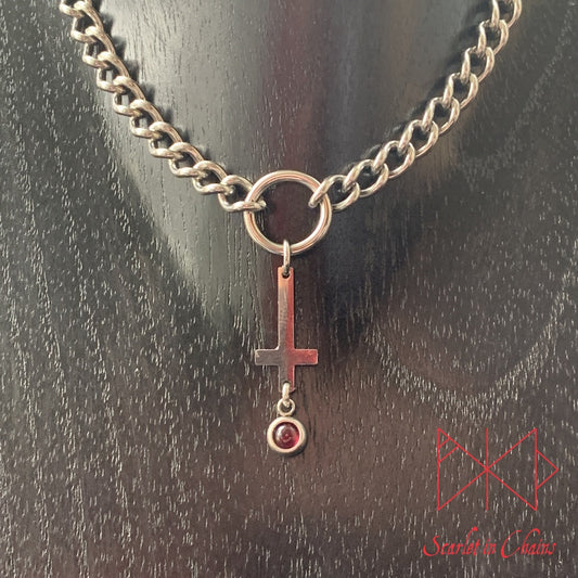 Stainless Steel Micro Crystal Inverted Cross collar - garnet choker - O ring collar - subtle collar Shown Close up, goth choker, alternative collar, stainless steel jewellery, goth jewellery, event jewellery. Goth Necklace, Stainless Steel Necklace, Event Necklace, witch jewellery, witch necklace, witchy necklace, witchy jewellery, occult jewellery