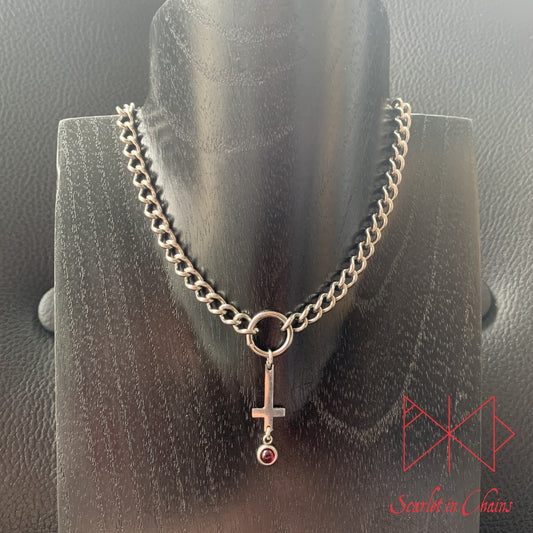 Stainless Steel Micro Crystal Inverted Cross collar - garnet choker - O ring collar - subtle collar Shown Full, goth choker, alternative collar, stainless steel jewellery, goth jewellery, event jewellery. Goth Necklace, Stainless Steel Necklace, Event Necklace, witch jewellery, witch necklace, witchy necklace, witchy jewellery, occult jewellery