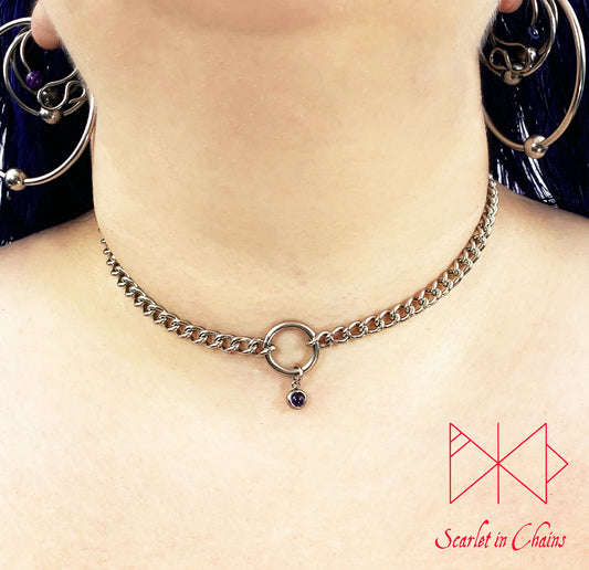 Stainless Steel Micro Crystal Luna day collar - bdsm day collar - amethyst choker - O ring collar - locking day collar - subtle day collar shown worn, goth choker, alternative collar, stainless steel jewellery, goth jewellery, event jewellery. Goth Necklace, Stainless Steel Necklace, Event Necklace, witch jewellery, witch necklace, witchy necklace, witchy jewellery, occult jewellery