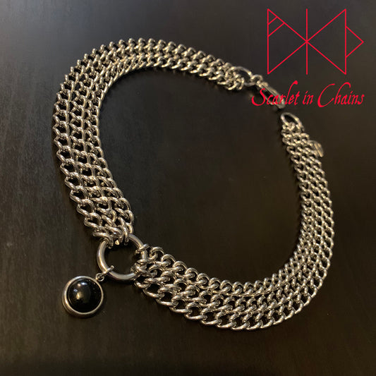 Stainless Steel Crystal Micro Demoness Kitten day collar - Pet play collar - O ring choker - BDSM day collar - Subtle day collar - Goldstone necklace -Goth Shown Flat, goth choker alternative collar stainless steel jewellery, goth jewellery, event jewellery. Goth Necklace, Stainless Steel Necklace, Event Necklace
