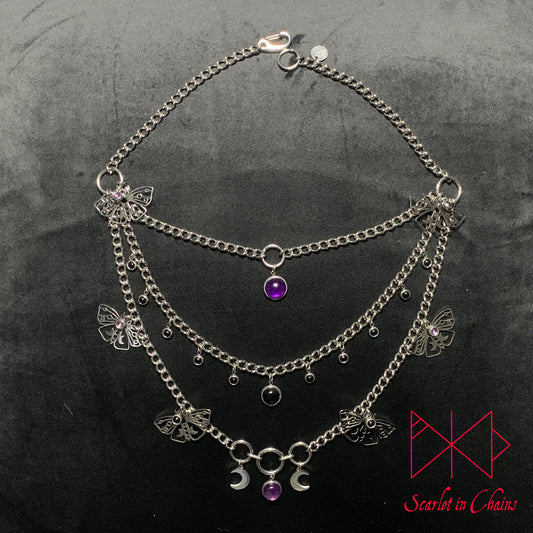 Stainless Steel Moths to a Violate Flame Necklace - Statement Necklace - Amethyst Black Onyx - O ring collar showing on flat