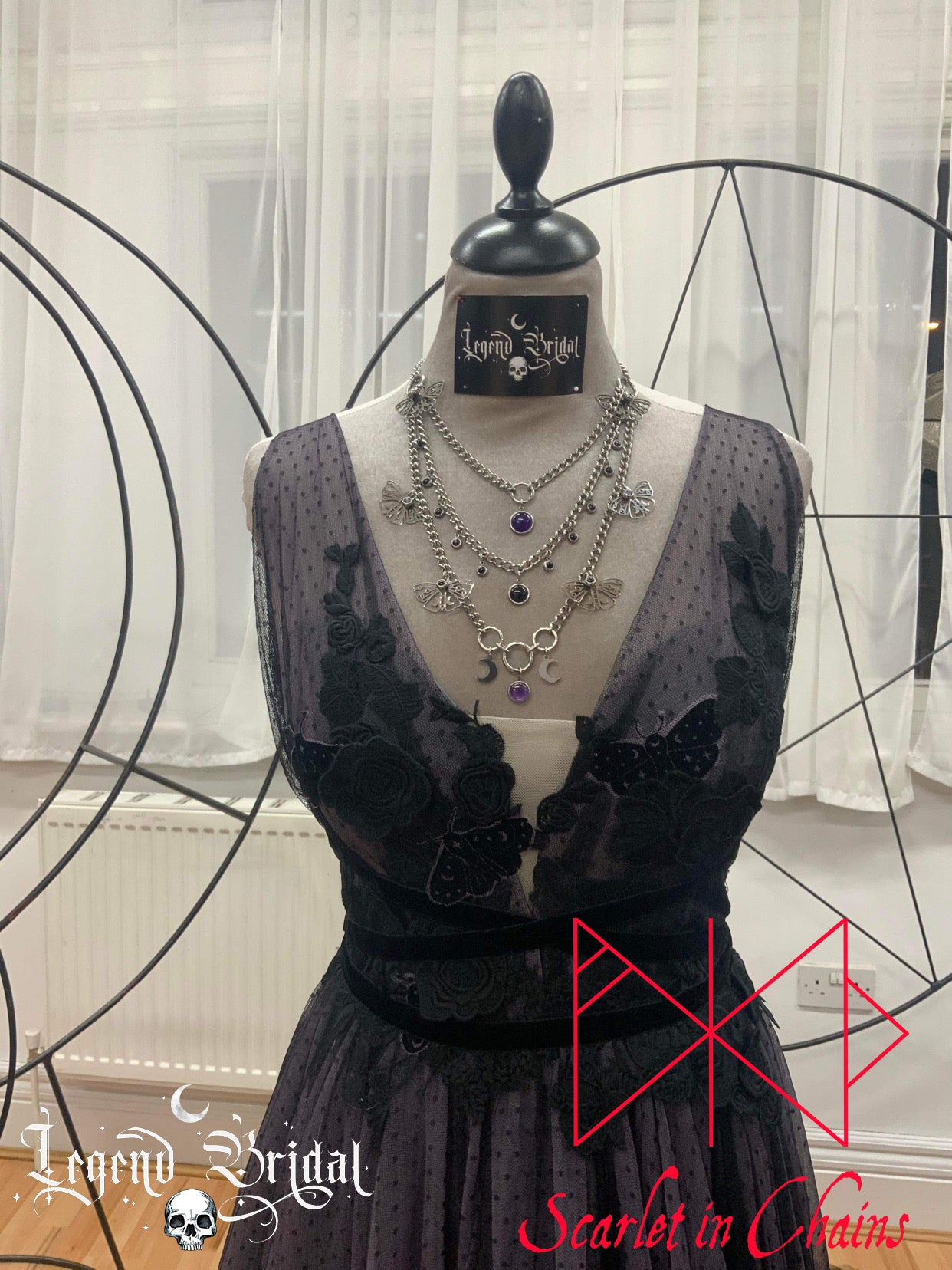 Stainless Steel Moths to a Violate Flame Necklace - Statement Necklace - Amethyst Black Onyx - O ring collar showing on Legend Bridal Wedding Dress