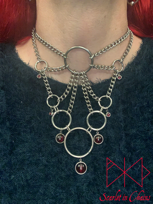 Stainless Steel Roots to Eternity Necklace - Statement Necklace - Garnet - O ring collar showing on close
