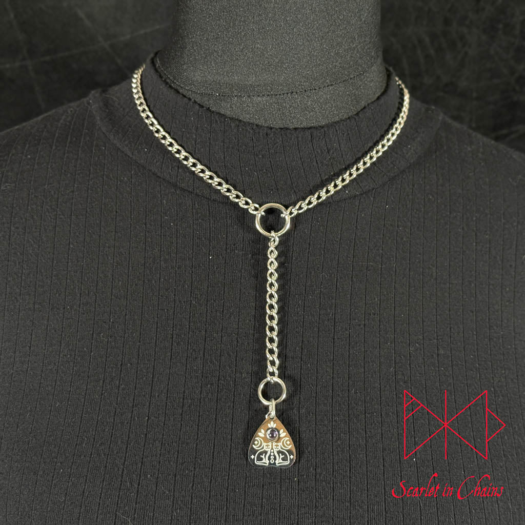 Stainless Steel Crystal Spirit Familliar necklace, Planchette necklace - Amethyst necklace - O ring collar - subtle collar Shown Close up, goth choker, alternative collar, stainless steel jewellery, goth jewellery, event jewellery. Goth Necklace, Stainless Steel Necklace, Event Necklace, witch jewellery, witch necklace, witchy necklace, witchy jewellery, occult jewellery